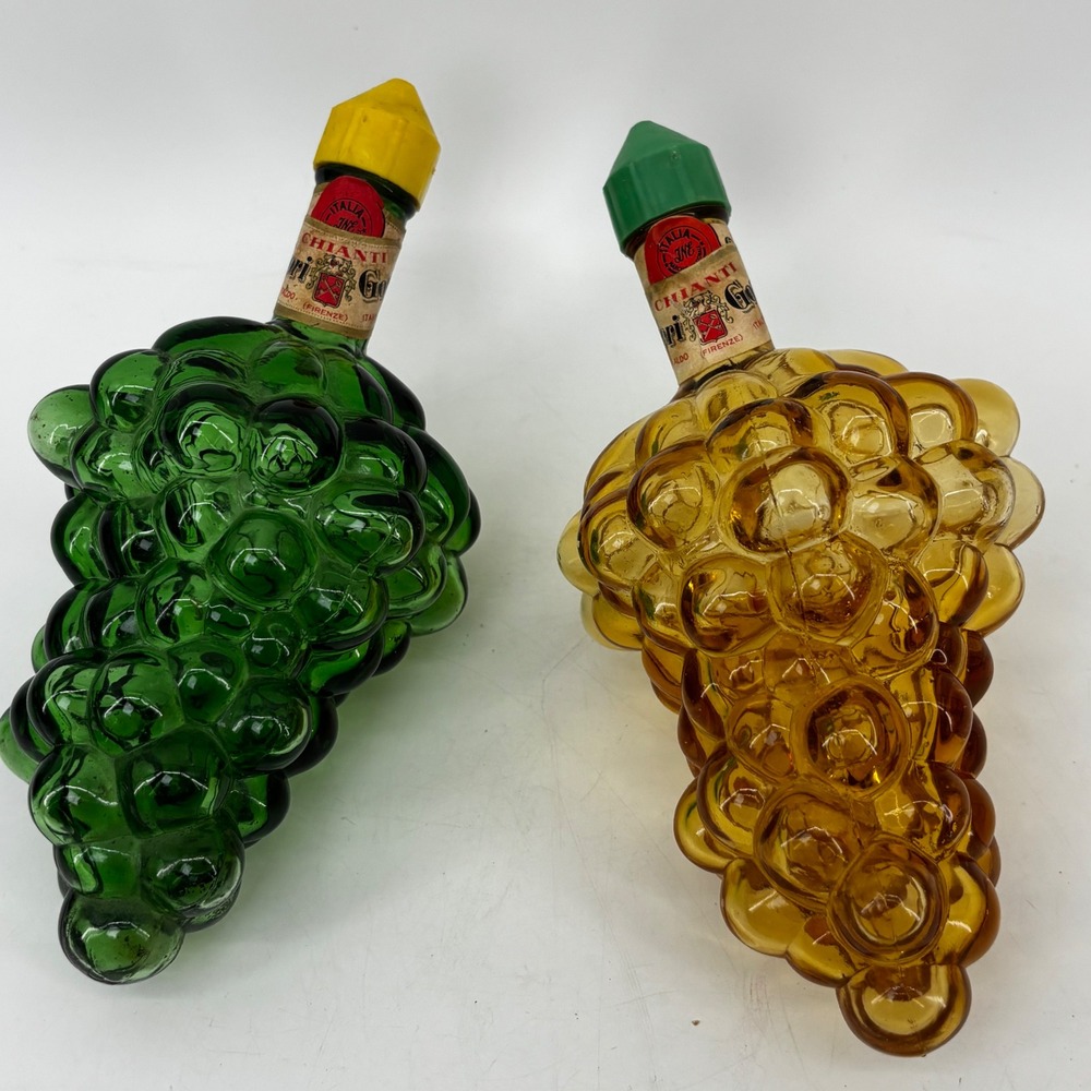 Vintage Chianti Gori Italy Grape Cluster Glass Bottles Green Amber Set of 2 8oz